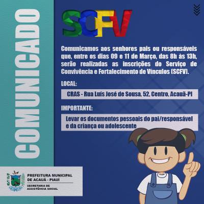 Inscrições para o SCFV de Acauã estão abertas